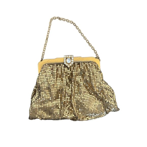 1940s Whiting and Davis gold mesh evening bag with rhinestone clasp - Picture 4 of 8